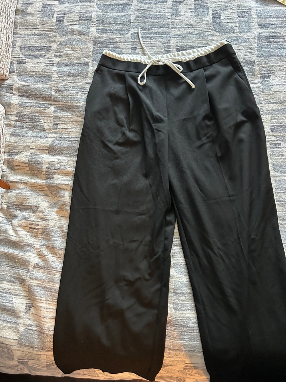 Zara Black Wide Leg Drawstring Pants with White Waistband - Size Large